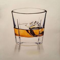 a drawing of an alcoholic drink in a glass with ice cubes on the rim