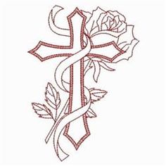 a cross with a rose on it and a ribbon around the cross is shown in this embroidery design