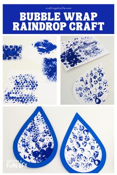 the instructions to make bubble wrap raindrop craft with blue and white paint on paper