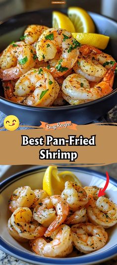 the best pan - fried shrimp recipe with lemons and parsley in it is ready to be eaten