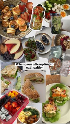 a collage of pictures with different types of food and drinks on them, including salads