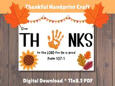 the thanksgiving handprint craft is displayed on a wooden background