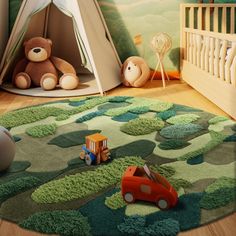 a child's bedroom with a teepee tent, teddy bear and toy car