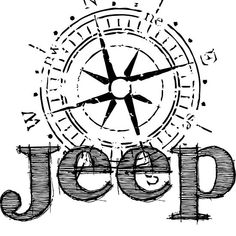 the word jeep written in black ink with a compass on it's center wheel