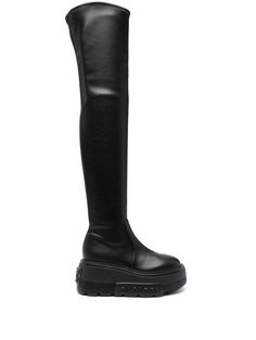 black calf leather smooth grain panelled design embossed logo to the side round toe flatform sole knee-length Luxury Leather Knee-high Platform Boots, Leather Platform Knee-high Boots, Black Calf Leather Platform Boots With Leather Lining, Leather Knee-high Platform Boots, Black Knee-high Platform Boots With Leather Lining, Black Leather Knee-high Boots With Lug Sole, Black Calf Leather Platform Boots, Casadei Boots, Iconic Bags