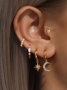 Tipo: set di orecchini   Materiale: argento sterling 925   Pietra: opale   Peso: 1,63 g   Colore: oro   Articolo: venduto come 5 pezzi/1 pezzo/2 pezzi Gold Earrings With Stones, Gold Earrings Set Of 3, Hippy Earrings, Emerald Earring Stack, Earring Sets, Piercings Ear, Evil Eye Earring Set, Star And Moon Earring Set, Opal Earring Stack