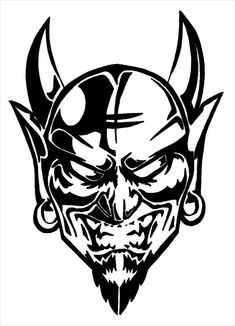 a black and white drawing of a demon face