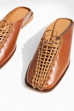 Woven ankle lace mule crafted in soft  calf leather and calf vacchetta.    made in spain Flat Mules, Coral Gables, Kids Boxing, Luxury Shop, Free Shopping, Womens Flats, Mule, Calf Leather, Most Beautiful