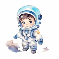 a watercolor painting of a little boy in an astronaut suit