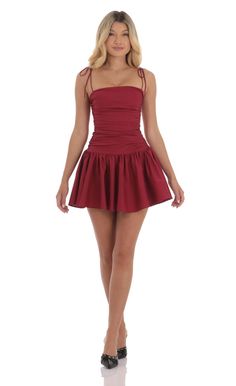 Ruched Fit and Flare Dress in Red Red Hoco Dress Short, Dark Red Short Dress, Hoco Dress Short, Red Hoco Dresses, Red Hoco Dress, Red Satin Mini Dress, Maroon Mini Dress, Red Dress Sleeves, Dark Red Dresses