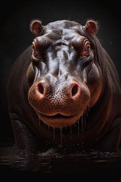 a close up of a hippopotamus with water droplets on it's face