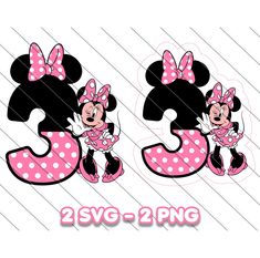 two minnie mouses with pink bows and polka dots on the numbers 3 - 5