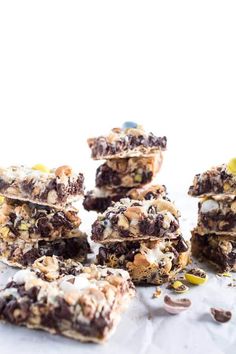 chocolate and marshmallow granola bars stacked on top of each other