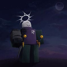 a lego man with a crown on his head standing in the dark holding a backpack