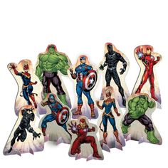 an assortment of avengers cutouts are displayed in front of a white background with the caption's name on it