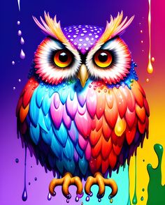 an owl is sitting on top of a colorful liquid puddle with drops of paint all around it