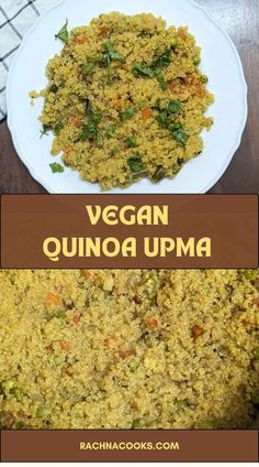 vegan quinoa upma with spinach and carrots on the side