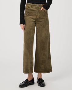 This extra wide leg is designed with a high-rise and a cropped ankle length silhouette. This on-trend style is cut from our ultra-soft velvet corduroy in dark brushed olive green with just the right amount of stretch for a perfect fit. | Harper Ankle Wide Leg Pant - Dark Brushed Olive Corduroy | Size 24 Velvet Wide Leg Pants For Work, Fall Velvet Wide Leg Pants, Relaxed Fit Corduroy Wide Leg Pants For Fall, Men Store, Trend Style, Denim Shoes, Wide Leg Pant, Soft Velvet, Ankle Length