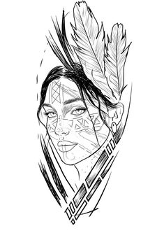 a drawing of a native american woman with feathers on her head and arrows in her hair