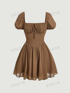 SHEIN MOD Puff Sleeve Ruched Bust Ruffle Hem Dress | SHEIN USA Short Brown Dress, Cute Dress Outfits, Dress For Short Women, Brown Dress, Hem Dress, Simple Dresses, Ruffle Hem