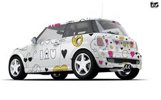 a white car with hearts and donuts painted on it's front bumpers