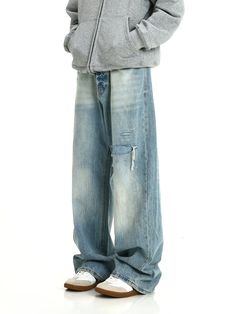 Model is 5ft 9''(176cm) tall, 145 lbs(66kg) weight and wearing a size L168cm 59kg wearing a size M - BLUE- Distressed- Baggy style- Wide straight fit- DENIM Straight Denim Jeans, Straight Fit Denim, Apartment Bedroom, Summer Jeans, Loose Pants, Christmas Wishlist, Height And Weight, 8 M, Haiti