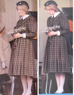 two pictures of women in dresses and hats standing next to each other with flowers on their hands