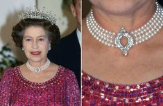 two pictures of the same woman wearing pearls and tiara, one in red dress