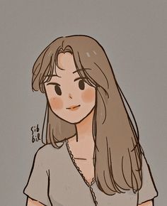 a drawing of a girl with long hair and brown eyes, wearing a gray shirt