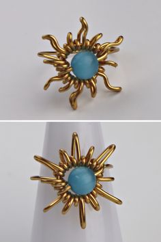 two pictures of the same ring, one with an oval blue stone in it and one with