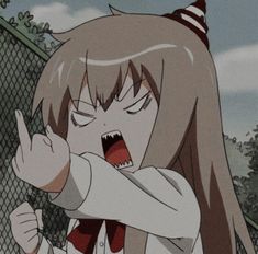 an anime character with long hair pointing to the side while wearing a white shirt and red scarf