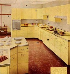 an old fashioned kitchen with yellow cabinets and red flooring is featured in the 1950's