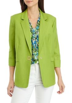 A sharp addition to your favorite formalwear, this solid jacket from Kasper is finished with 3/4 sleeves and a notch collar. | Kasper Women's Linen Blend Square Snap Suit Jacket, 14 Spring Business Blazer With Notched Lapel, Spring Notched Blazer For Business Casual, Spring Formal Notched Outerwear, Spring Career Blazer In Solid Color, Green Spring Blazer For Business Casual, Spring Green Blazer For Business Casual, Green Blazer For Spring Business Casual, Green Blazer For Business Casual In Spring, Spring 3/4 Sleeve Business Casual Blazer