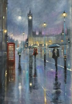 a painting of people walking in the rain with umbrellas near big ben, london