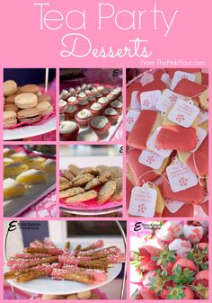 tea party desserts collage with pink and white images, including cookies, cupcakes