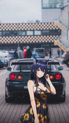 a woman standing next to a parked car in front of a tall building with a cat ears on it's head