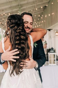 a bride and groom hugging each other at their wedding