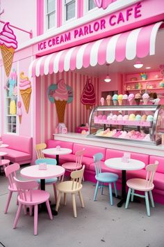 an ice cream parlor with pink walls and striped awnings, pastel colored tables and chairs