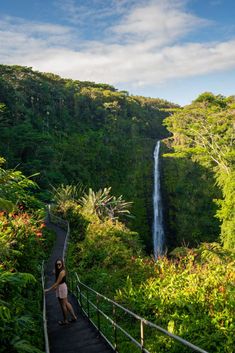 a woman is standing at the top of a staircase near a waterfall in the jungle