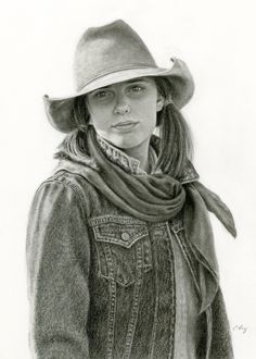 a pencil drawing of a girl wearing a cowboy hat and scarf with her hands in her pockets