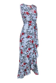 This Yumi Kim maxi dress is for making an unforgettable entrance. A blue wrap dress with a red floral print evokes a head-turning silhouette that'll make you the best dressed guest in a flash! So, slip it on for your next big event and be prepared to take center stage! Size XS 100% Polyester Fully lined Wrap closure Sleeveless Maxi length Bust 36" Waist 36" Shoulder to hem 56" Blue Flowy Maxi Wrap Dress, Fitted Floor-length Wrap Dress For Summer, Fitted Floor-length Summer Wrap Dress, Floral Print Maxi Length Wrap Dress, Blue Maxi Length Wrap Dress For Spring, Blue Floral Print Maxi Wrap Dress, Fitted Floral Print Maxi Wrap Dress, Chic Blue Floral Print Wrap Dress, Fitted Floral Print Maxi Length Wrap Dress