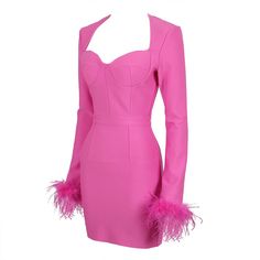 Sexy Long Sleeve Feathers Hot Pink Elegant Bandage Dress Business Dinner, Feather Dress, Ostrich Feathers, Dress Shapes, Pink Mini, Barbie Dress, Pink Mini Dresses, Plus Dresses, Long Sleeve Mini