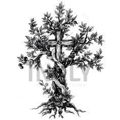 a cross with leaves and vines on it is shown in black and white, as well as