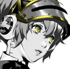 an anime character with yellow eyes wearing a helmet