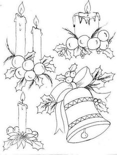 a drawing of christmas decorations with candles and holly wreaths on the side, one candle is