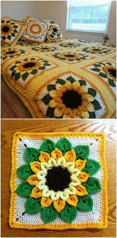 crocheted bedspread with sunflowers and leaves on the top one