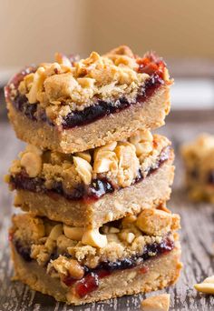 three peanut butter and jelly bars stacked on top of each other with the title above it