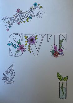 the word love is written with flowers and plants in vases next to each other