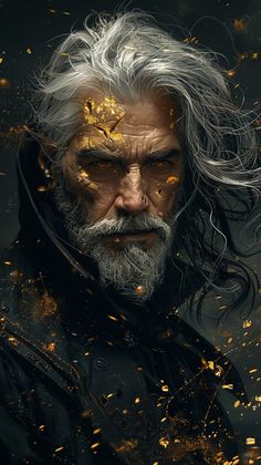 an older man with white hair and gold paint on his face is surrounded by fire