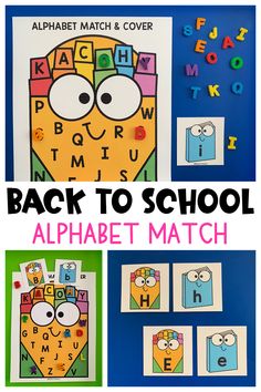 the back to school alphabet match is shown with pictures of letters and numbers on it